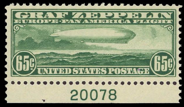 Values of US Stamps Scott Catalogue C13 - 65c 1930 Air Graf Zeppelin. Daniel Kelleher Auctions, Jan 2012, Sale 628, Lot 683