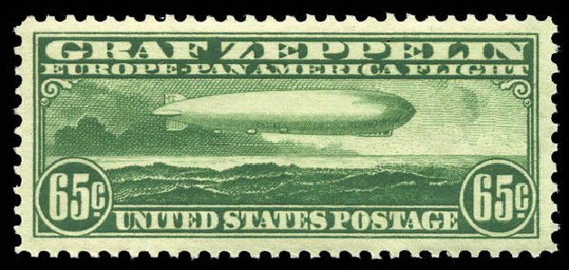 Values of US Stamps Scott C13 - 65c 1930 Air Graf Zeppelin. Matthew Bennett International, Mar 2011, Sale 336, Lot 1346