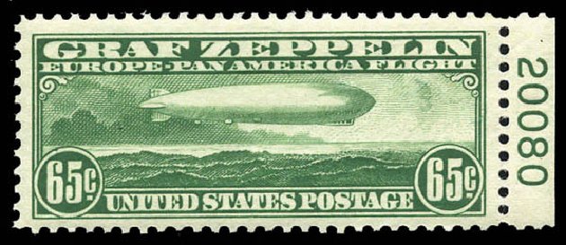 Cost of US Stamp Scott C13: 65c 1930 Air Graf Zeppelin. Matthew Bennett International, Mar 2011, Sale 337, Lot 3086
