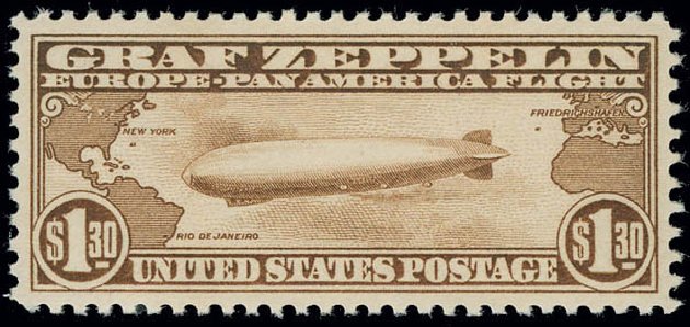 Value of US Stamps Scott Catalog # C14 - US$1.30 1930 Air Graf Zeppelin. Matthew Bennett International, Jun 2008, Sale 328, Lot 1127