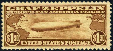 Values of US Stamp Scott Cat. # C14: US$1.30 1930 Air Graf Zeppelin. Harmer-Schau Auction Galleries, Jan 2013, Sale 96, Lot 677