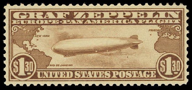 Costs of US Stamps Scott Catalogue #C14 - 1930 US$1.30 Air Graf Zeppelin. Daniel Kelleher Auctions, Aug 2012, Sale 631, Lot 1627