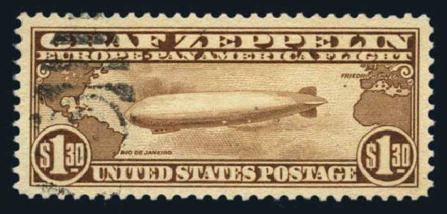 Values of US Stamps Scott Catalogue C14: US$1.30 1930 Air Graf Zeppelin. Harmer-Schau Auction Galleries, Aug 2014, Sale 102, Lot 2158