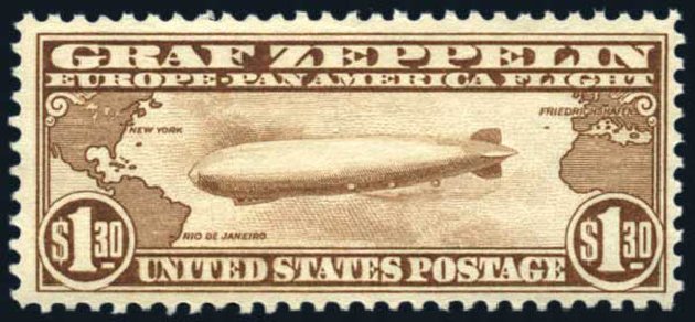 Values of US Stamps Scott Catalogue #C14 - 1930 US$1.30 Air Graf Zeppelin. Harmer-Schau Auction Galleries, Jun 2008, Sale 78, Lot 1718