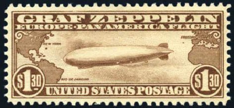 Values of US Stamps Scott Cat. #C14: US$1.30 1930 Air Graf Zeppelin. Harmer-Schau Auction Galleries, Feb 2010, Sale 84, Lot 1768