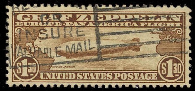 US Stamps Price Scott Cat. #C14: 1930 US$1.30 Air Graf Zeppelin. Daniel Kelleher Auctions, Aug 2012, Sale 631, Lot 1628