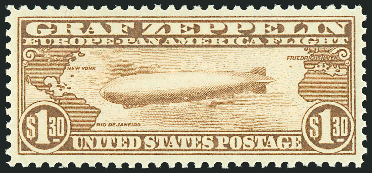 Values of US Stamp Scott Catalog # C14 - 1930 US$1.30 Air Graf Zeppelin. Robert Siegel Auction Galleries, Jun 2009, Sale 975, Lot 2128