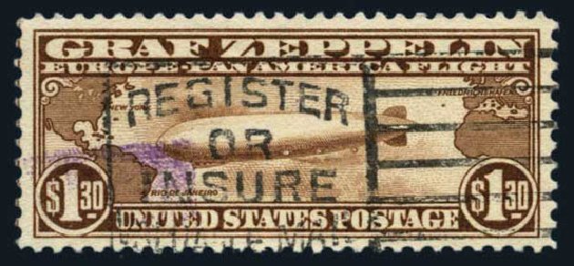 Values of US Stamps Scott Catalogue # C14: 1930 US$1.30 Air Graf Zeppelin. Harmer-Schau Auction Galleries, Aug 2014, Sale 102, Lot 2159