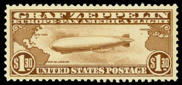 US Stamp Values Scott Catalogue #C14 - 1930 US$1.30 Air Graf Zeppelin. Daniel Kelleher Auctions, May 2014, Sale 652, Lot 839
