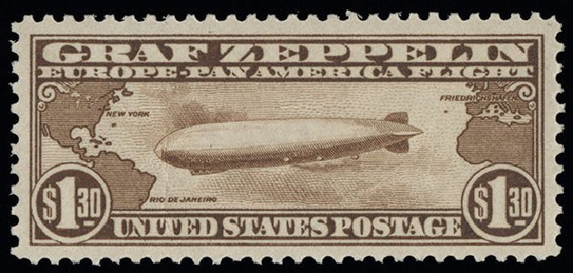 Values of US Stamps Scott # C14 - 1930 US$1.30 Air Graf Zeppelin. Spink Shreves Galleries, Aug 2013, Sale 144, Lot 309