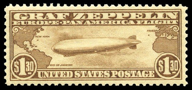Prices of US Stamp Scott Catalog C14 - 1930 US$1.30 Air Graf Zeppelin. Matthew Bennett International, Mar 2011, Sale 337, Lot 3090