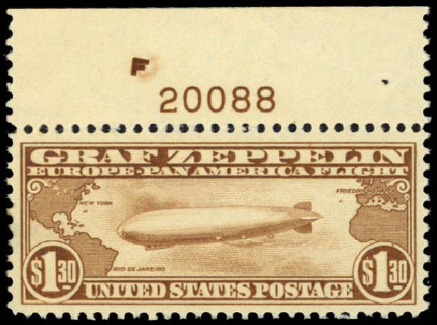US Stamp Values Scott Catalog C14 - US$1.30 1930 Air Graf Zeppelin. Daniel Kelleher Auctions, May 2014, Sale 652, Lot 840