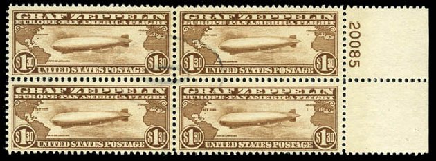 US Stamp Price Scott #C14: 1930 US$1.30 Air Graf Zeppelin. Matthew Bennett International, Sep 2011, Sale 338, Lot 2001