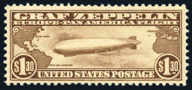 Costs of US Stamps Scott Cat. # C14 - US$1.30 1930 Air Graf Zeppelin. Harmer-Schau Auction Galleries, Jun 2008, Sale 78, Lot 1721