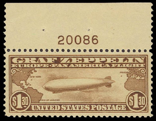 US Stamps Price Scott #C14: 1930 US$1.30 Air Graf Zeppelin. Daniel Kelleher Auctions, Jun 2012, Sale 630, Lot 1971
