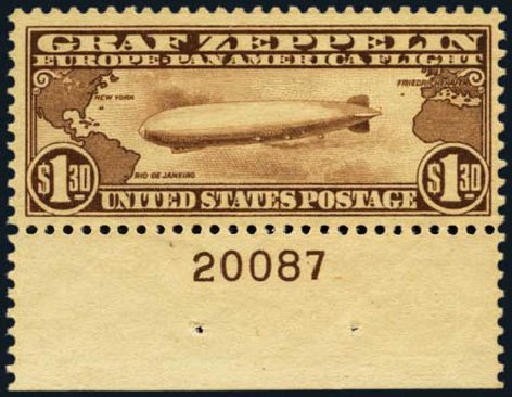 Costs of US Stamp Scott Catalogue #C14 - US$1.30 1930 Air Graf Zeppelin. Harmer-Schau Auction Galleries, Jan 2013, Sale 96, Lot 674