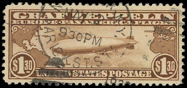 Value of US Stamps Scott Catalogue C14: US$1.30 1930 Air Graf Zeppelin. Daniel Kelleher Auctions, Jan 2012, Sale 628, Lot 684