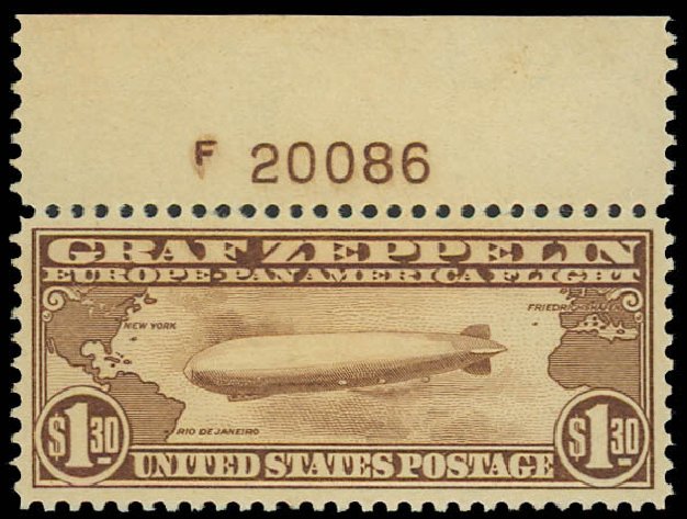 US Stamps Value Scott Cat. C14 - 1930 US$1.30 Air Graf Zeppelin. Daniel Kelleher Auctions, Aug 2012, Sale 631, Lot 1624