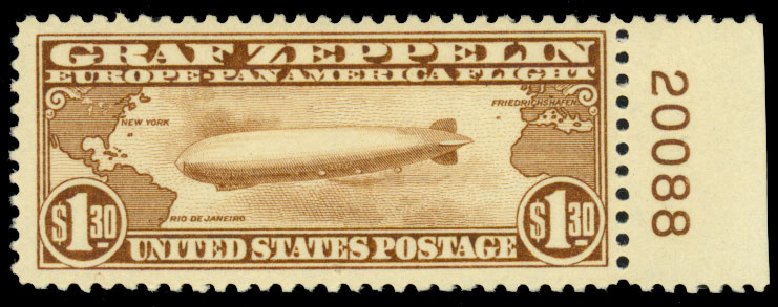 Value of US Stamp Scott C14 - US$1.30 1930 Air Graf Zeppelin. Daniel Kelleher Auctions, Dec 2013, Sale 640, Lot 524