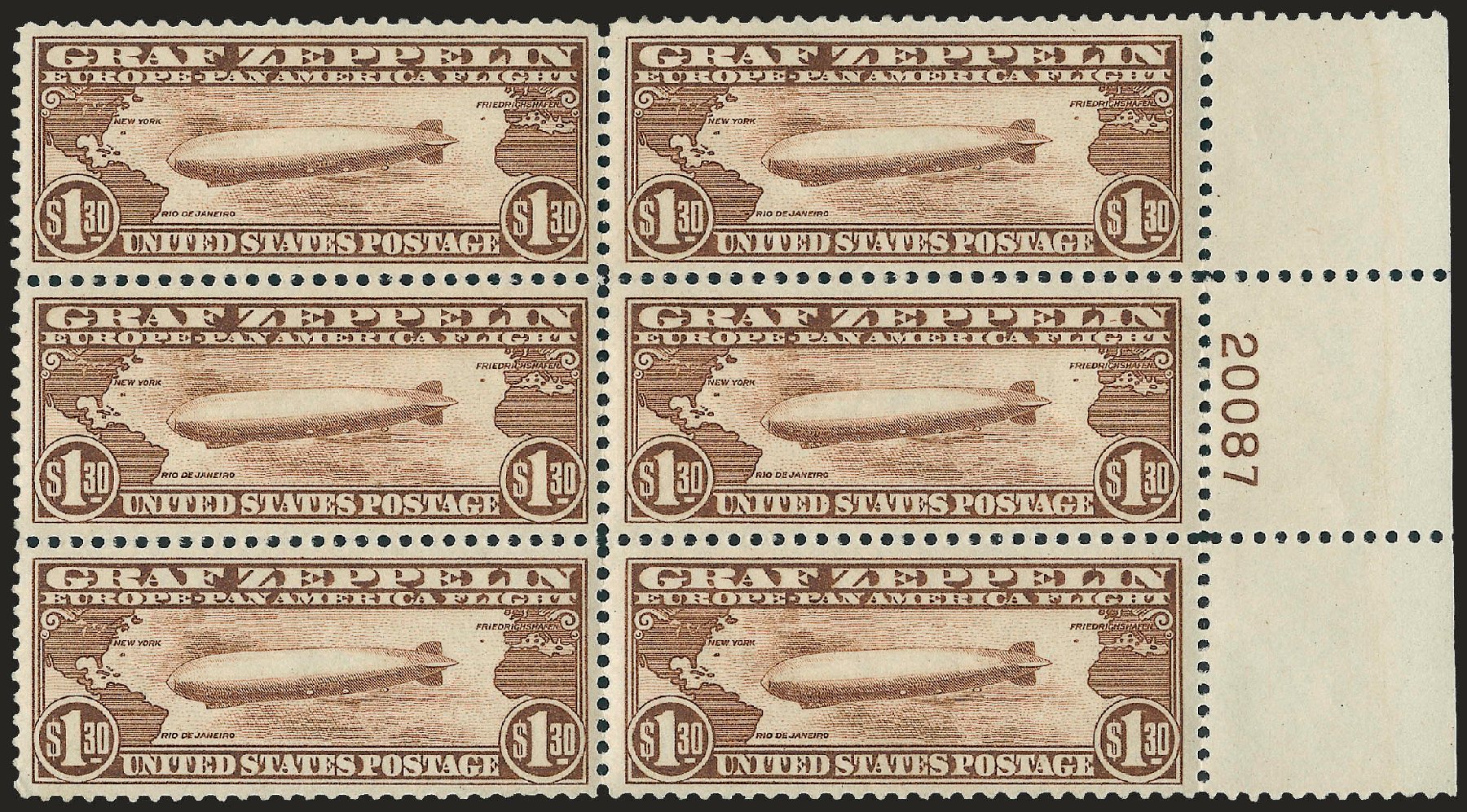 US Stamps Prices Scott #C14: 1930 US$1.30 Air Graf Zeppelin. Robert Siegel Auction Galleries, Apr 2009, Sale 971, Lot 1944