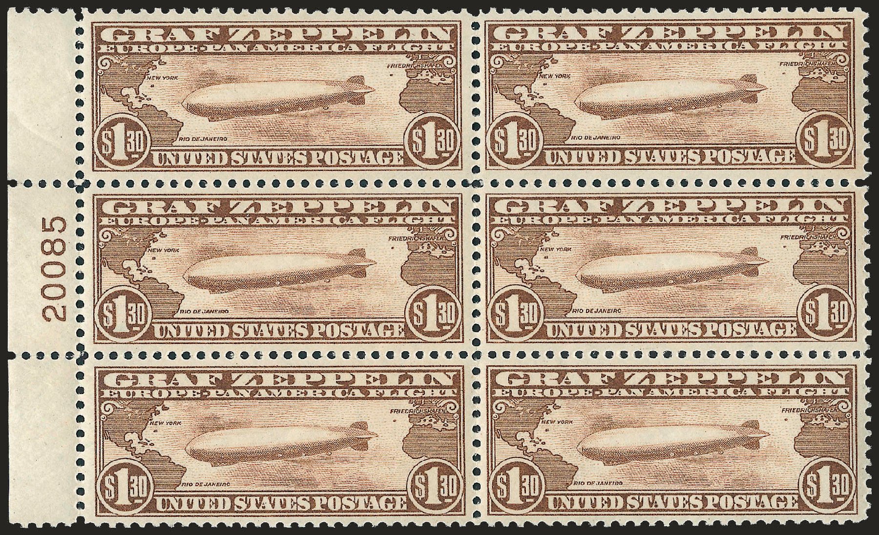 Values of US Stamp Scott Catalogue # C14 - US$1.30 1930 Air Graf Zeppelin. Robert Siegel Auction Galleries, Sep 2009, Sale 976, Lot 2244