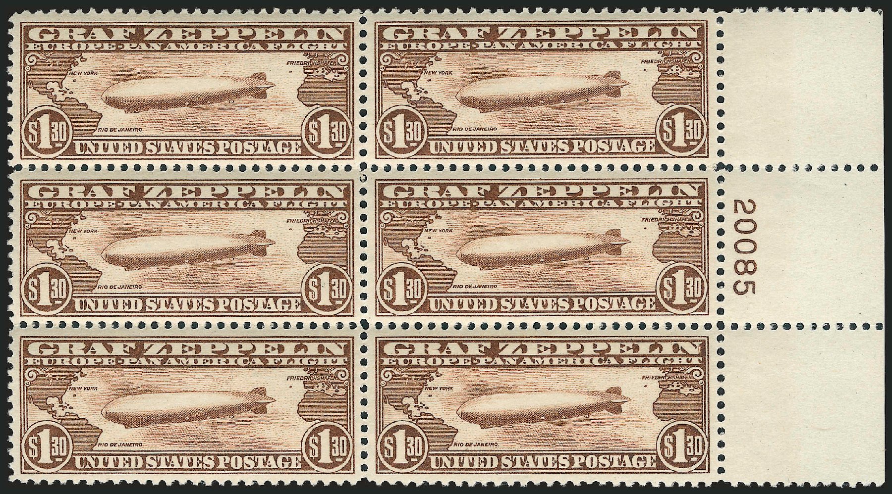 Values of US Stamps Scott Catalog C14: US$1.30 1930 Air Graf Zeppelin. Robert Siegel Auction Galleries, Apr 2010, Sale 984, Lot 1074