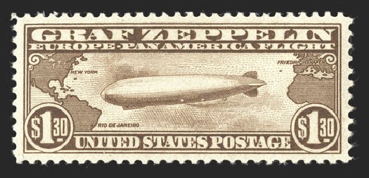 US Stamp Values Scott Cat. C14: 1930 US$1.30 Air Graf Zeppelin. Spink Shreves Galleries, Mar 2013, Sale 142, Lot 424