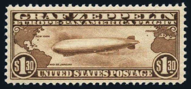 Values of US Stamp Scott Catalogue #C14 - US$1.30 1930 Air Graf Zeppelin. Harmer-Schau Auction Galleries, Aug 2014, Sale 102, Lot 2155