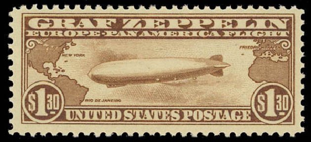 Value of US Stamps Scott Cat. C14: 1930 US$1.30 Air Graf Zeppelin. Daniel Kelleher Auctions, Aug 2012, Sale 631, Lot 1625