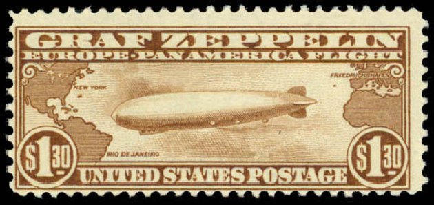 Prices of US Stamp Scott Cat. # C14 - 1930 US$1.30 Air Graf Zeppelin. Daniel Kelleher Auctions, Apr 2013, Sale 636, Lot 555