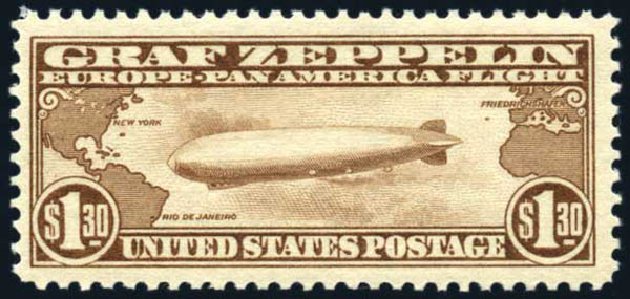 Prices of US Stamp Scott Catalog C14 - US$1.30 1930 Air Graf Zeppelin. Harmer-Schau Auction Galleries, Oct 2009, Sale 83, Lot 482