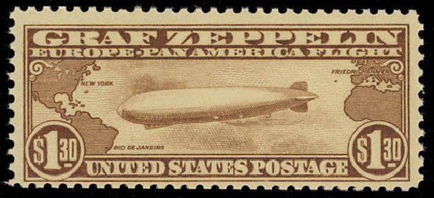 Cost of US Stamps Scott Cat. # C14: 1930 US$1.30 Air Graf Zeppelin. Daniel Kelleher Auctions, Jul 2011, Sale 625, Lot 1132