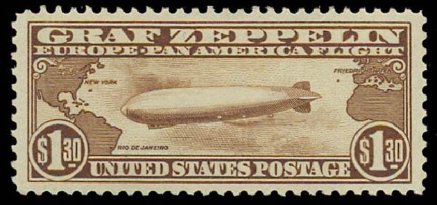 Values of US Stamps Scott # C14 - 1930 US$1.30 Air Graf Zeppelin. Daniel Kelleher Auctions, Oct 2011, Sale 626, Lot 562