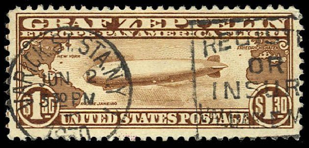 US Stamps Value Scott Catalog # C14: 1930 US$1.30 Air Graf Zeppelin. Daniel Kelleher Auctions, Dec 2012, Sale 633, Lot 1072
