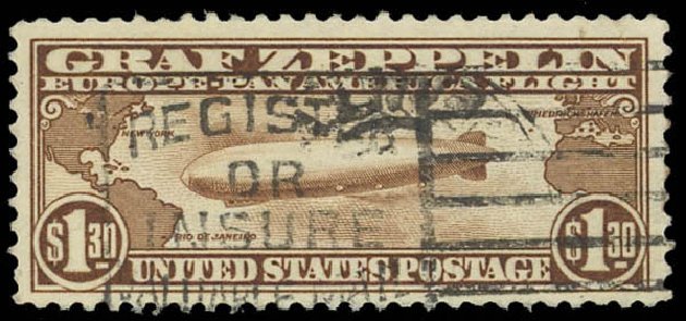 Values of US Stamp Scott Catalog #C14: 1930 US$1.30 Air Graf Zeppelin. Daniel Kelleher Auctions, Jul 2011, Sale 625, Lot 1133