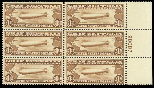 Values of US Stamps Scott Cat. C14 - 1930 US$1.30 Air Graf Zeppelin. Daniel Kelleher Auctions, Oct 2011, Sale 626, Lot 563