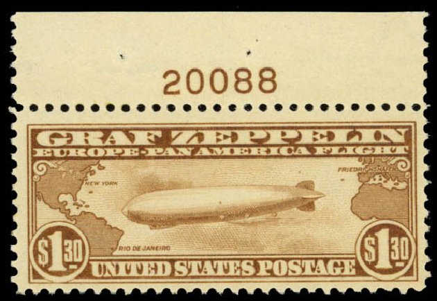 US Stamps Value Scott Cat. #C14 - 1930 US$1.30 Air Graf Zeppelin. Daniel Kelleher Auctions, Sep 2014, Sale 655, Lot 833