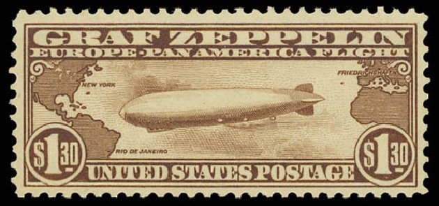 Prices of US Stamp Scott #C14: 1930 US$1.30 Air Graf Zeppelin. Daniel Kelleher Auctions, Aug 2012, Sale 631, Lot 1626