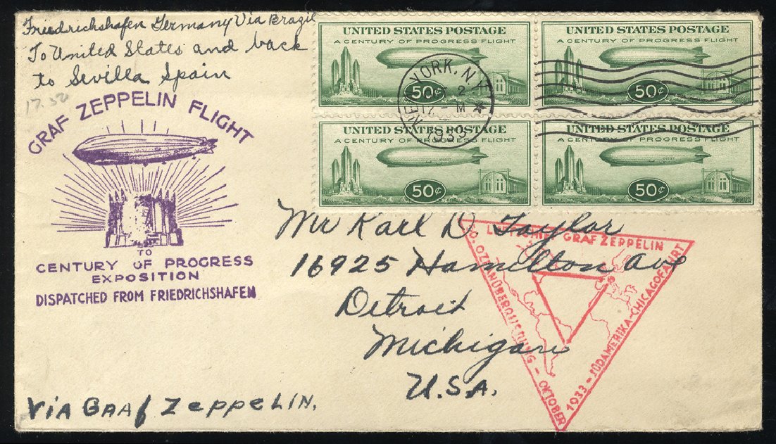 Value of US Stamps Scott Cat. #C18 - 50c 1933 Air Graf Zeppelin. Cherrystone Auctions, Feb 2011, Sale 201102, Lot 124