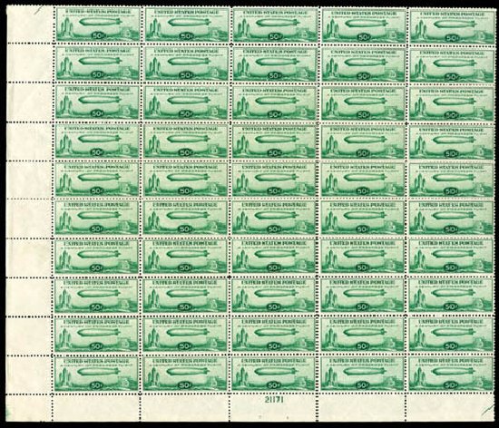 Costs of US Stamps Scott C18 - 1933 50c Air Graf Zeppelin. Matthew Bennett International, Dec 2008, Sale 330, Lot 1905