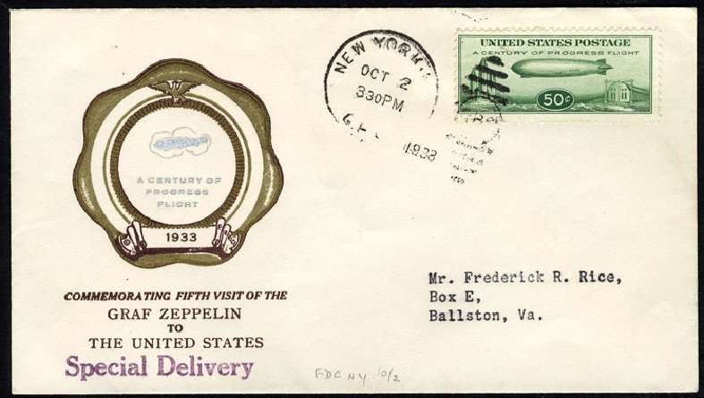 US Stamps Values Scott Cat. C18: 50c 1933 Air Graf Zeppelin. Cherrystone Auctions, Jun 2009, Sale 200906, Lot 383