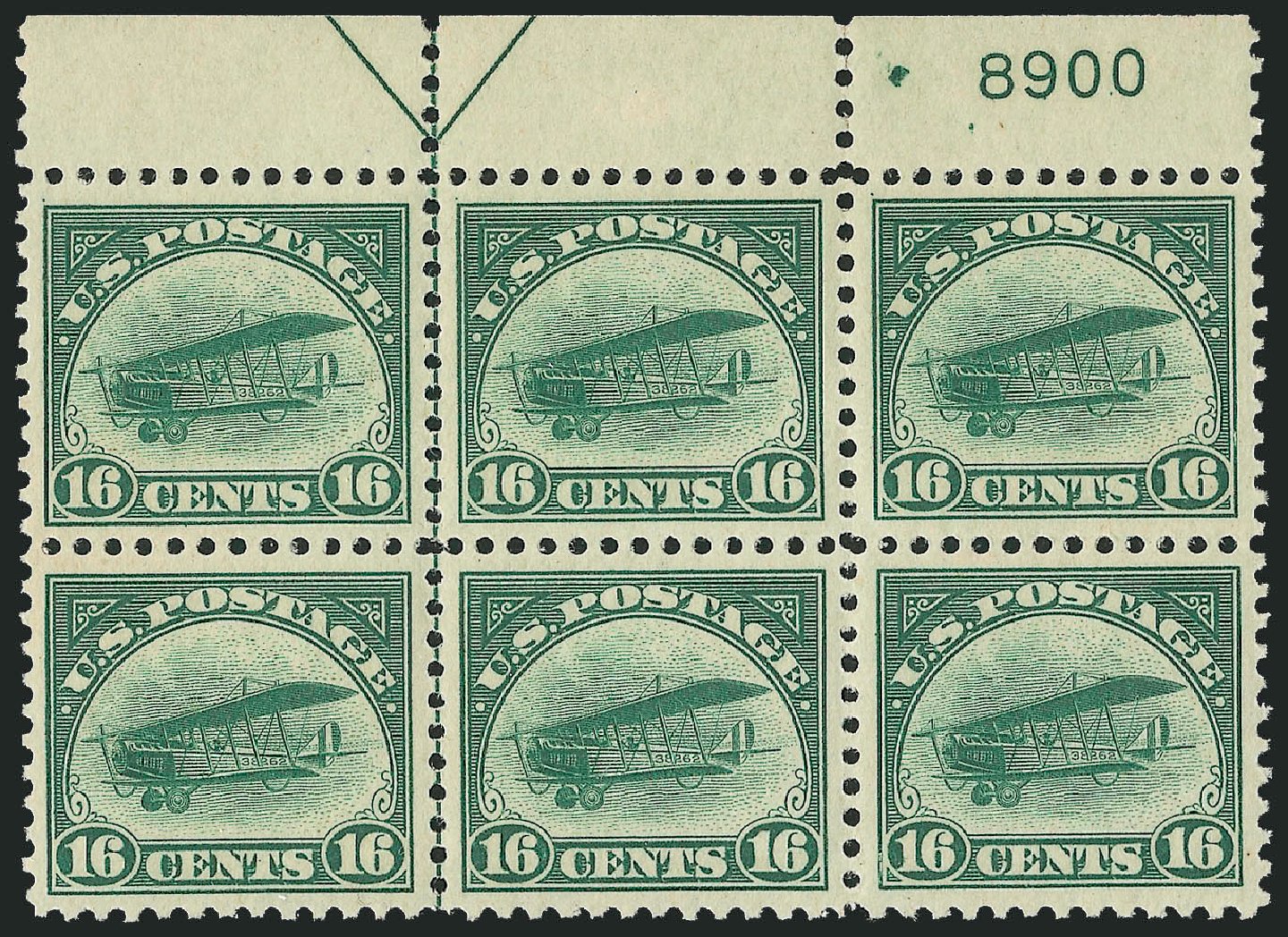 US Stamps Values Scott Cat. #C2: 1918 16c Air Curtiss Jenny. Robert Siegel Auction Galleries, Oct 2011, Sale 1014, Lot 2137