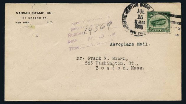 Prices of US Stamp Scott Catalogue #C2: 16c 1918 Air Curtiss Jenny. Harmer-Schau Auction Galleries, Aug 2014, Sale 102, Lot 2138