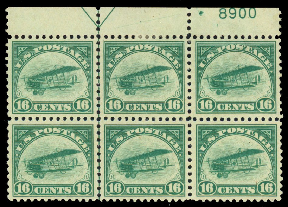 US Stamps Values Scott Catalogue # C2: 16c 1918 Air Curtiss Jenny. Daniel Kelleher Auctions, Dec 2013, Sale 640, Lot 508