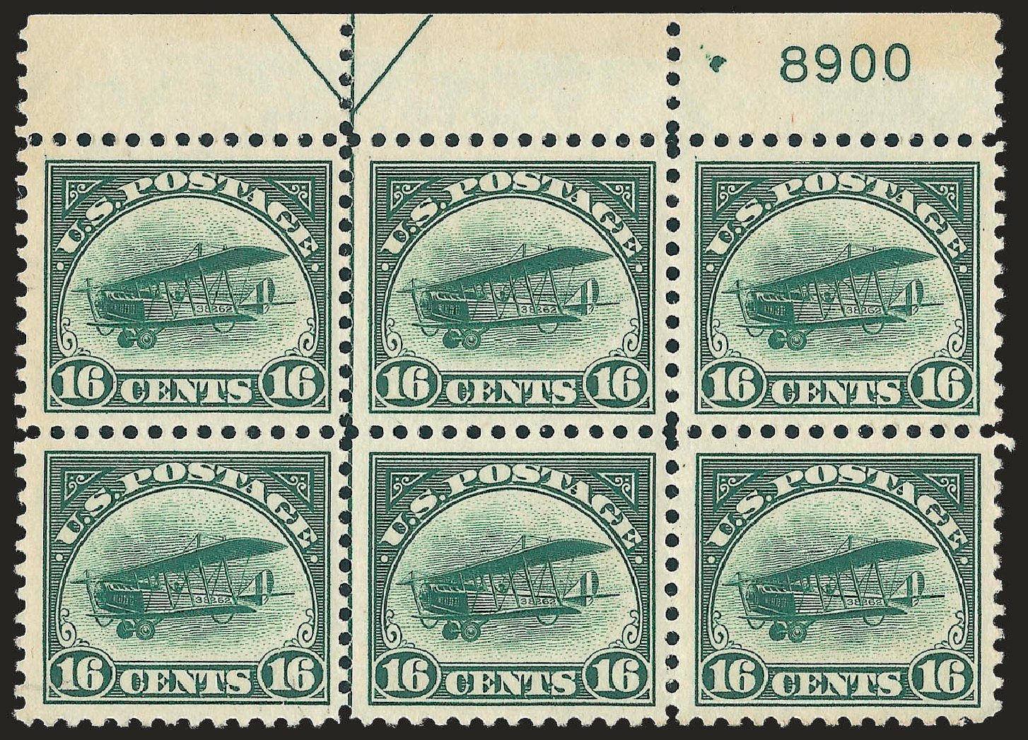US Stamp Values Scott Cat. C2: 16c 1918 Air Curtiss Jenny. Robert Siegel Auction Galleries, Sep 2009, Sale 976, Lot 2219