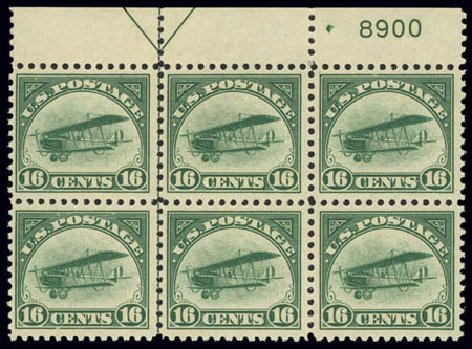 US Stamp Values Scott Catalogue C2: 16c 1918 Air Curtiss Jenny. Daniel Kelleher Auctions, Feb 2013, Sale 634, Lot 356