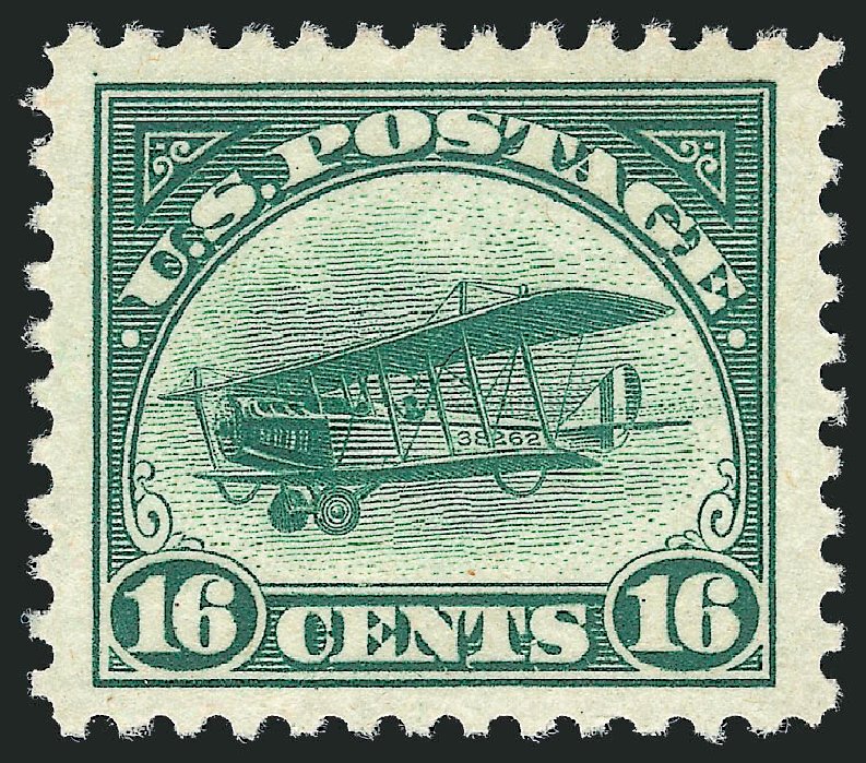 US Stamps Values Scott Catalogue # C2: 16c 1918 Air Curtiss Jenny. Robert Siegel Auction Galleries, Oct 2010, Sale 997, Lot 6136