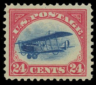 Prices of US Stamp Scott Catalogue C3 - 24c 1918 Air Curtiss Jenny. Daniel Kelleher Auctions, Oct 2012, Sale 632, Lot 1479