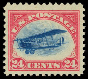 US Stamps Values Scott Catalog C3: 1918 24c Air Curtiss Jenny. Daniel Kelleher Auctions, Dec 2014, Sale 661, Lot 435