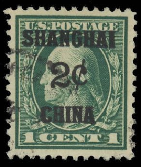 Price of US Stamp Scott Catalogue K1 - 1919 2c China Shanghai on 1c. Daniel Kelleher Auctions, Oct 2012, Sale 632, Lot 1556